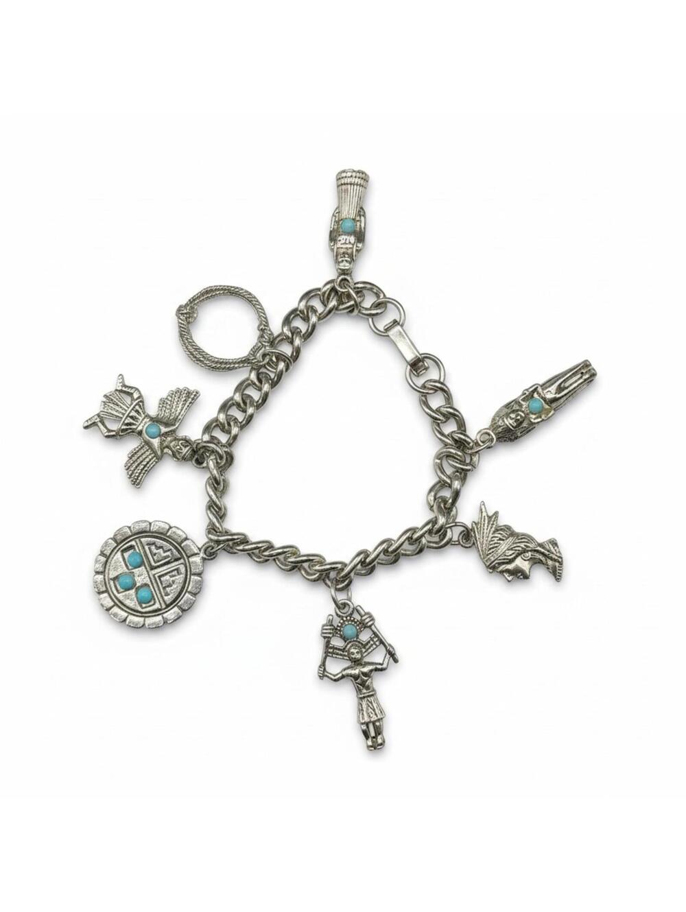Vintage Silver Toned Charm Bracelet - 6 Turquoise Inlay Figural Charms